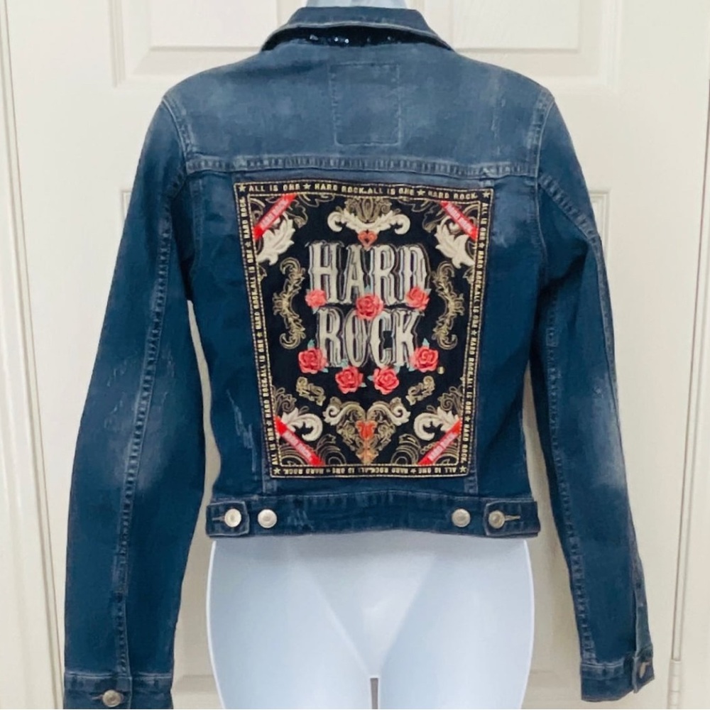 NWT Hard Rock Cafe Denim Jean Jacket Embroidered Back Patch XS